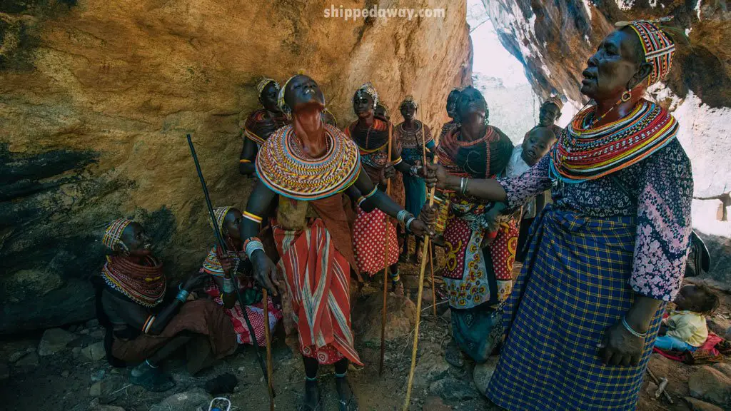 Maasai Samburu tribe women praying in a cave in Kenya